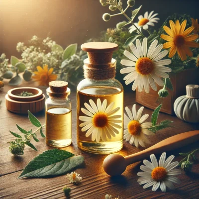 Arnica massage oil displayed with healing herbs.