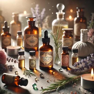 Essential oils arranged for use in massage therapy.