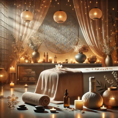 A serene and luxurious massage setting designed for stress relief and emotional healing, featuring a tranquil ambiance with a massage table, candles, essential oils, and soft lighting.
