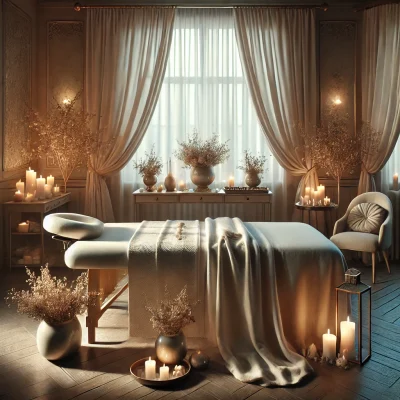 Luxurious 8K image of a serene massage room in Vienna, featuring a plush massage table, silky linens, glowing candles, and elegant flower petals, creating a tranquil and inviting atmosphere.