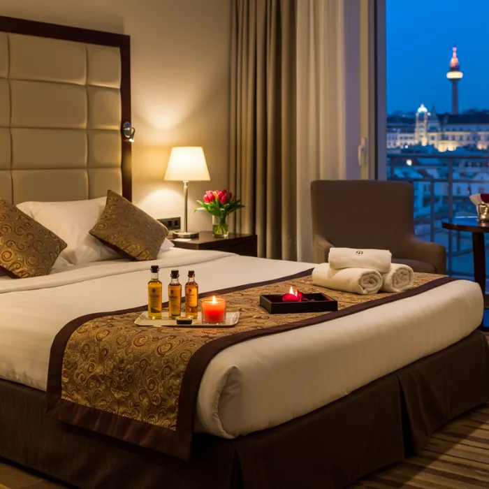 Serene hotel room in Vienna with tantric massage setup for Tantra Vienna, featuring massage oils, a candle, and Vienna skyline with St. Stephen’s Cathedral at dusk by Alissia Gallery.
