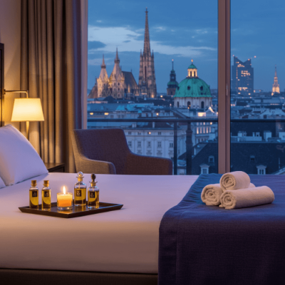 Luxurious hotel room in Vienna with a tantric massage setup for Tantra Vienna, featuring massage oils, a lit candle, and the Vienna skyline at dusk by Alissia Gallery.