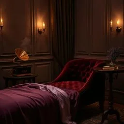 A luxurious room in Vienna set up for an erotic massage, featuring a velvet chaise lounge, a vintage gramophone, and soft, dim lighting, with hints of lavender and sandalwood in the air.